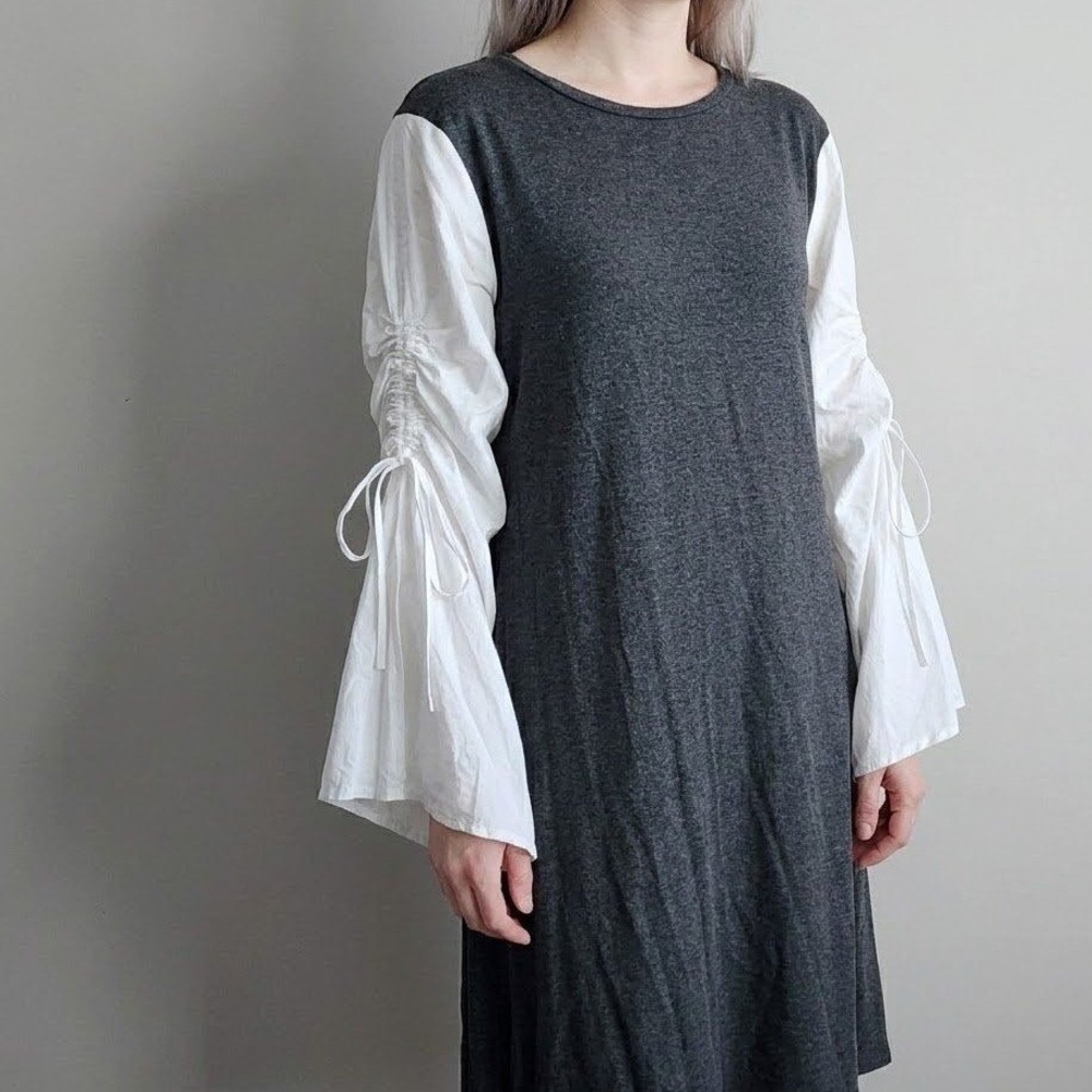 Shift Dress Womens Large Gray White Ruched‎ Bell Sleeve Peasant Prairie Cottage